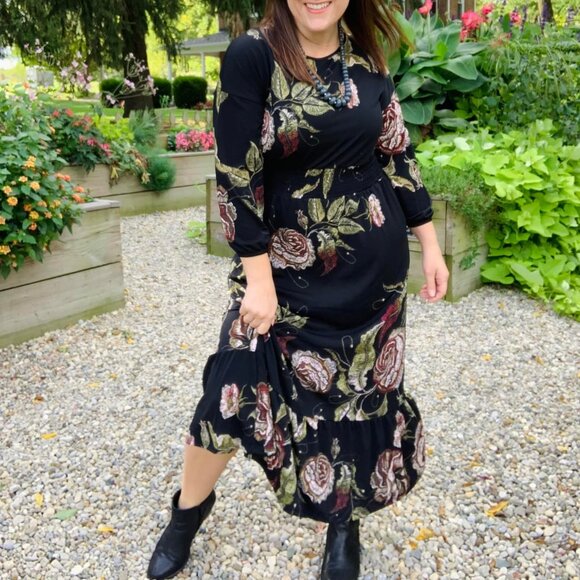 LuLaRoe Dresses & Skirts - NEW M LuLaRoe Evelyn Smocked Waist Maxi Dress Long Sleeve Black Floral Midi